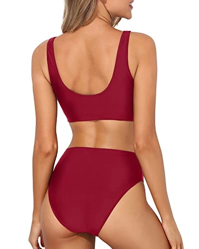 Bathing Suit Sexy Cheeky Bottom Two Piece Scoop Neck Bikini For Women-Red