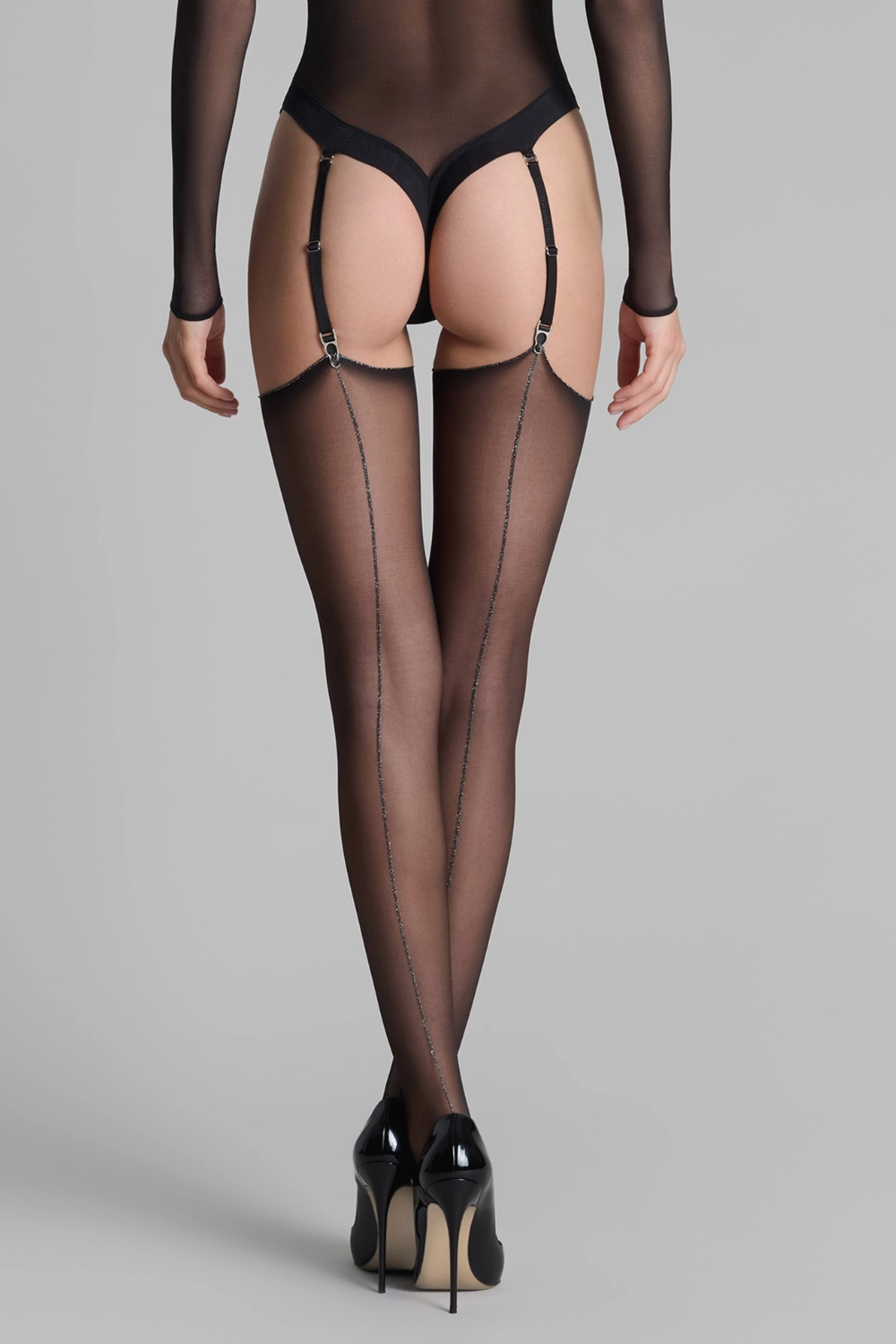 Black Cut & Curled Silver Lurex Seam Stockings 20 Denier