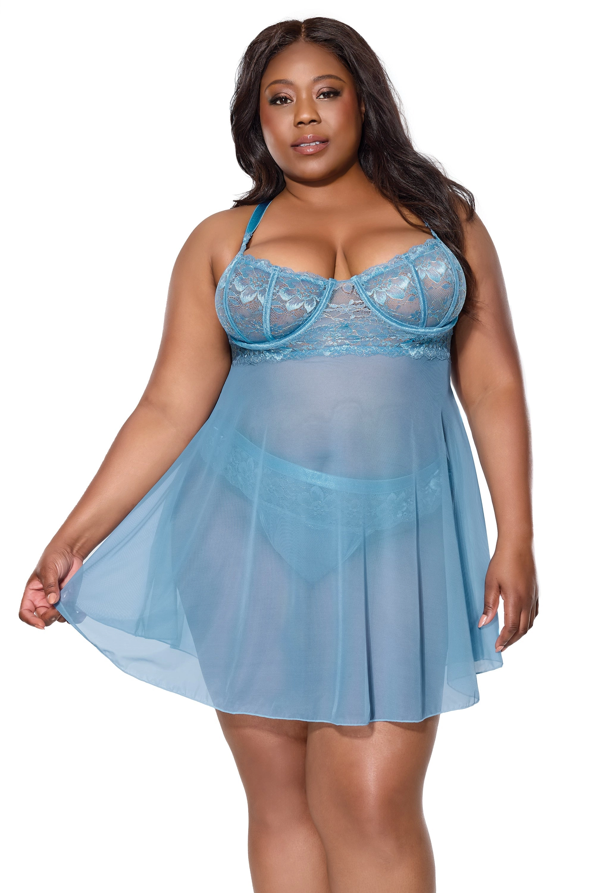 Coquette Queen Sexy Sheer Mesh Underwire Lace Cups Babydoll Blue