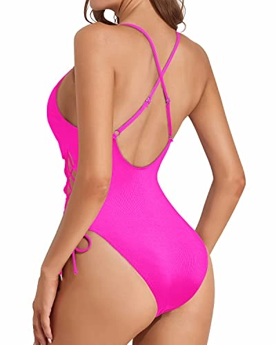 Criss Cross Strappy Sexy One Piece Swimsuit For Women-Neon Pink
