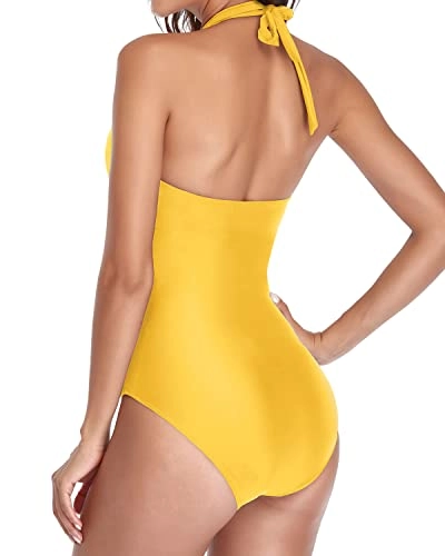 Deep V Neck One Piece Black Halter Bathing Suits-Neon Yellow