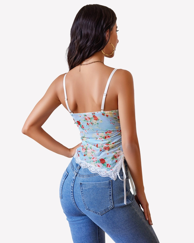 Drawstring Sheer Cami Top Lace Crop Top