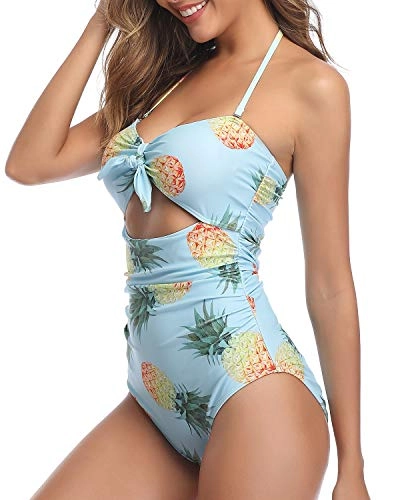 Flattering Look & Tummy Control Sexy Cutout One Piece Swimsuits-Light Blue Pineapple