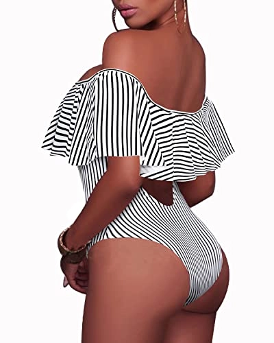 Flattering One Piece Lace Up Ruffled Bathing Suit-Black And White Stripe