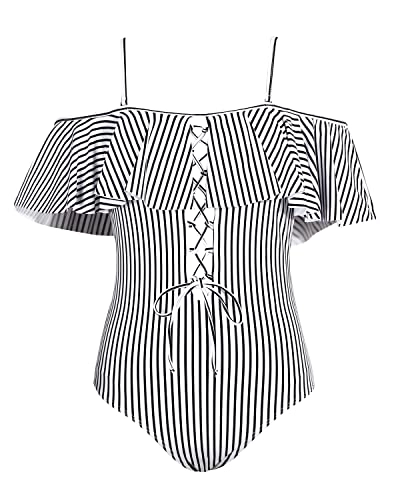 Flattering One Piece Lace Up Ruffled Bathing Suit-Black And White Stripe