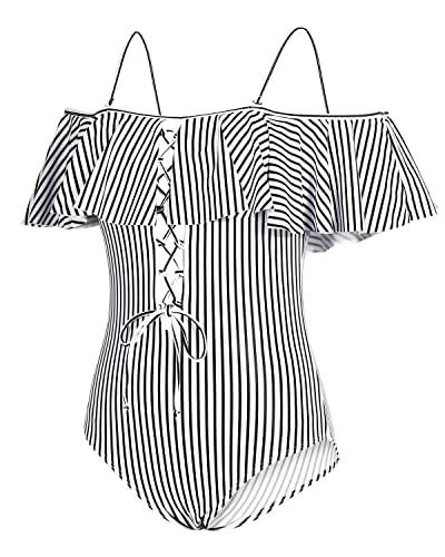 Flattering One Piece Lace Up Ruffled Bathing Suit-Black And White Stripe