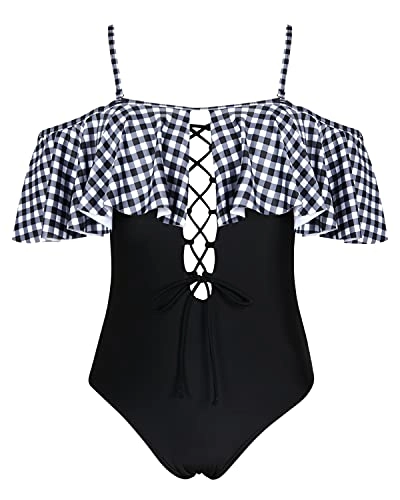 Flirty Lace-Up Off-Shoulder One Piece Swimsuit For Women-Black And White Checkered