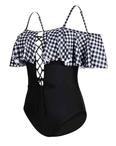 Flirty Lace-Up Off-Shoulder One Piece Swimsuit For Women-Black And White Checkered