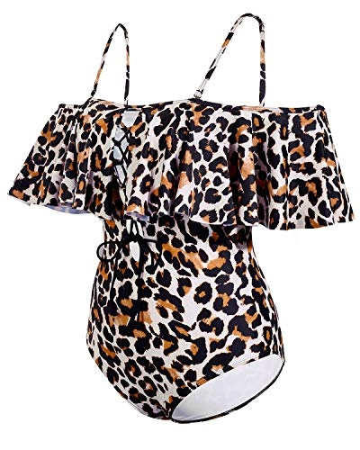 Flirty Ruffled Off The Shoulder One Piece Swimsuit For Ladies-Leopard