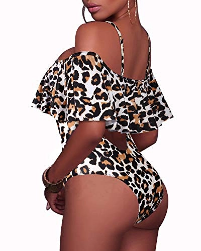 Flirty Ruffled Off The Shoulder One Piece Swimsuit For Ladies-Leopard