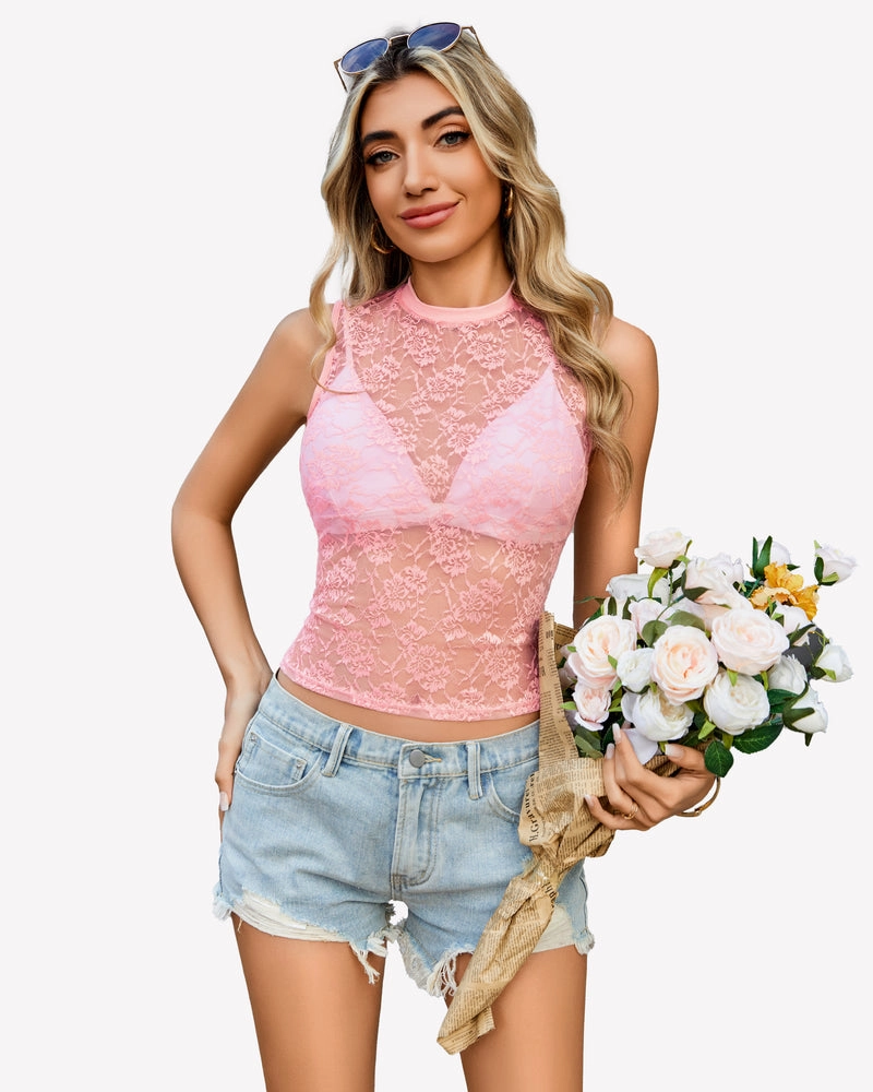 Floral Lace Tank Top Mesh Sheer Blouses