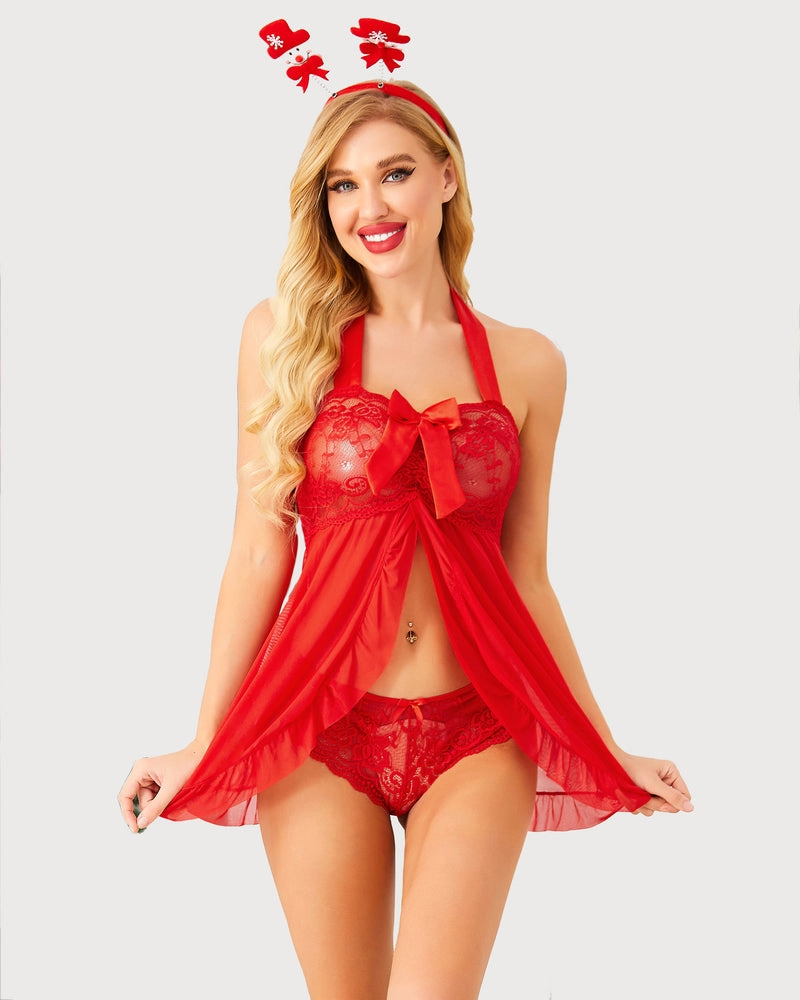 Floral Print Lace Open Front Babydoll