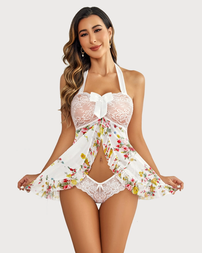 Floral Print Lace Open Front Babydoll