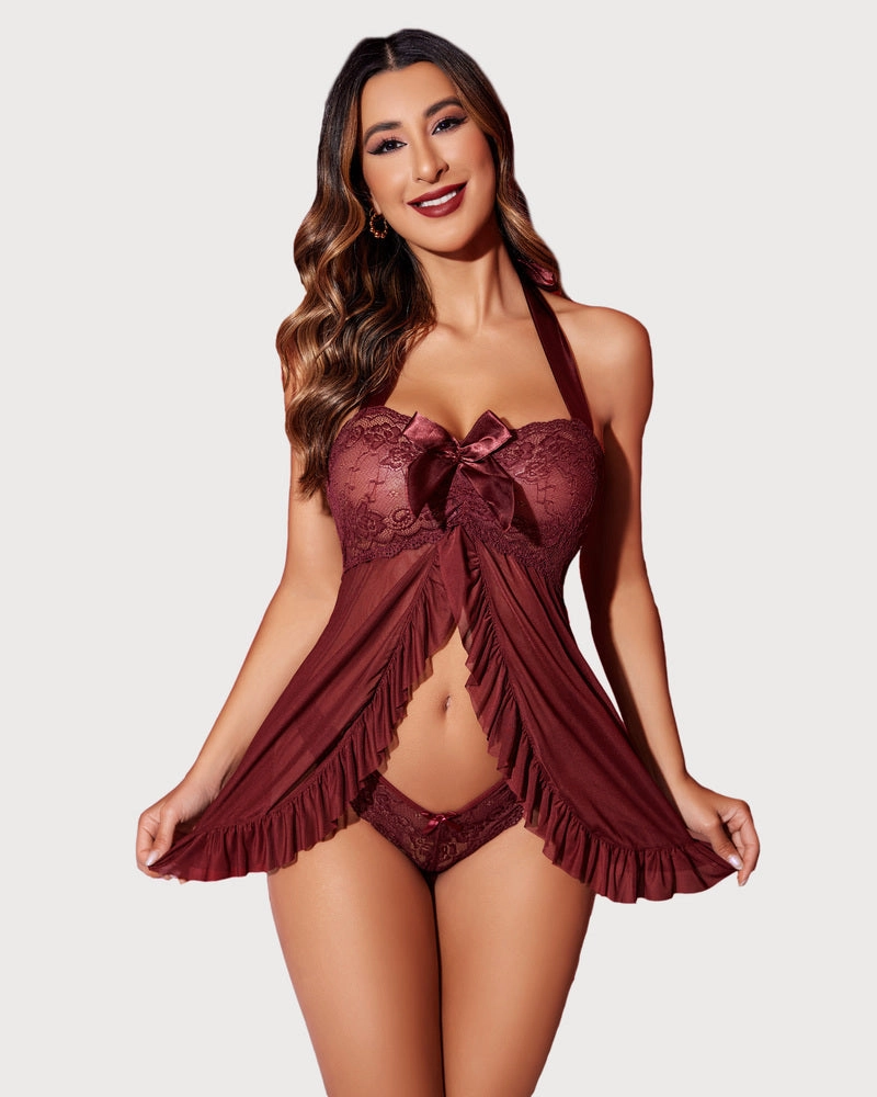 Floral Print Lace Open Front Babydoll