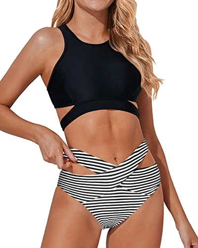 High Neck Cutout Criss Cross Bandage Two Piece Bathing Suits-Black And White Stripe