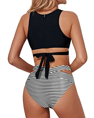 High Neck Cutout Criss Cross Bandage Two Piece Bathing Suits-Black And White Stripe