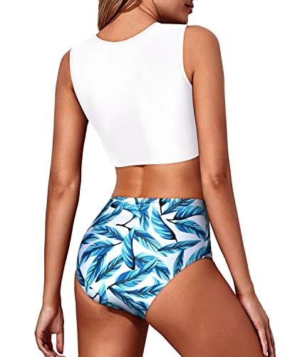 High Neck Lace Women's 2 Piece Bikini Set Tummy Control Bottoms-White Leaf