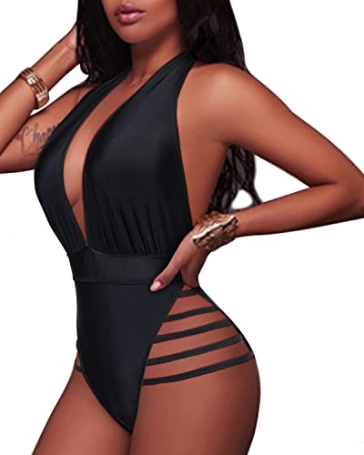 Lace Up Ruffled Off Shoulder Flounce Plunge Deep V Neck One Piece Swimsuits-Black