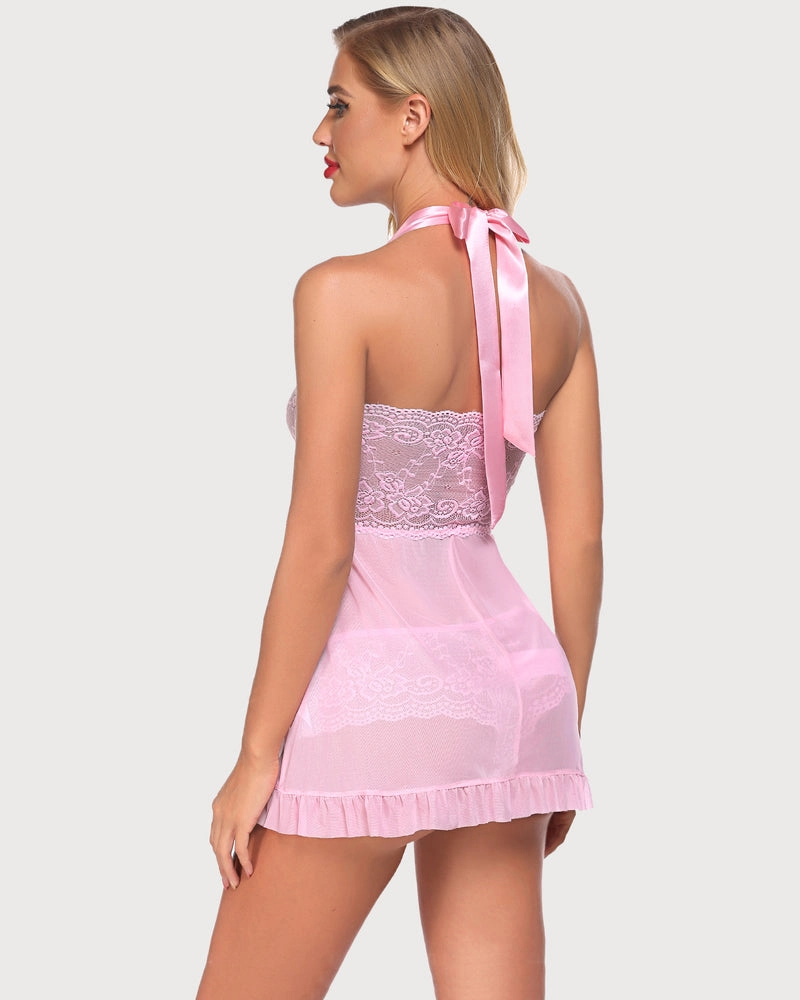 Leopard Open Front Halter Lace Babydolls