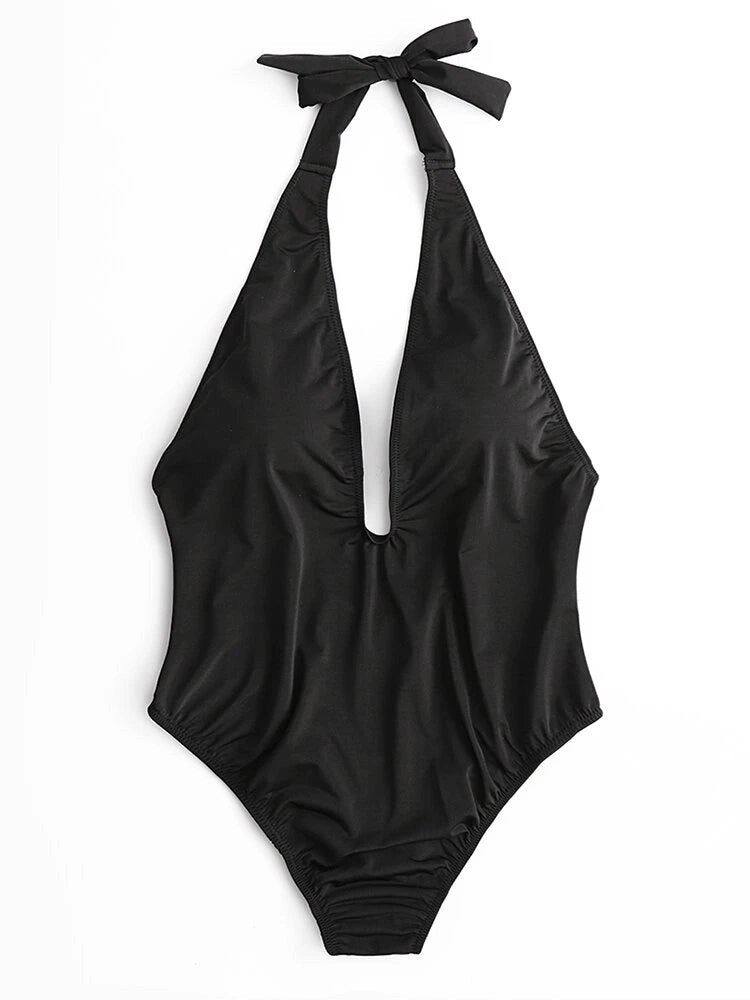 Plus Size Women Halter Plunge Solid Backless Sexy V Neck One Piece Swimwear