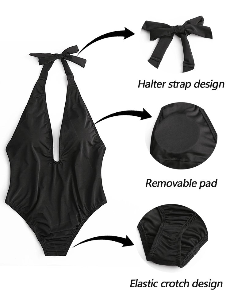 Plus Size Women Halter Plunge Solid Backless Sexy V Neck One Piece Swimwear