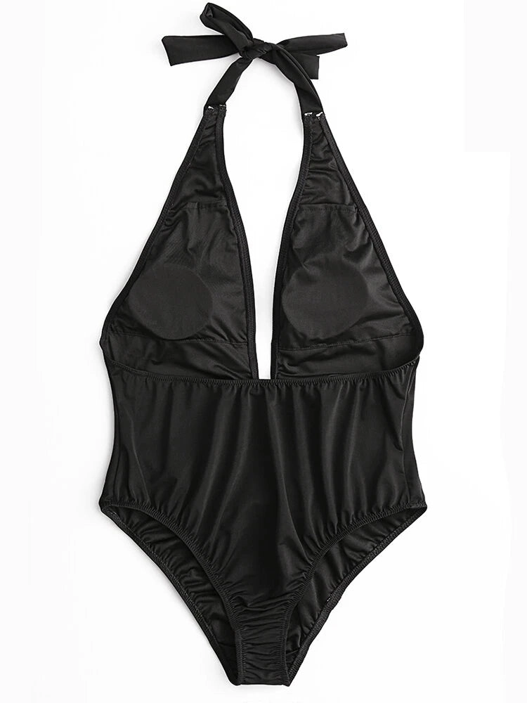 Plus Size Women Halter Plunge Solid Backless Sexy V Neck One Piece Swimwear