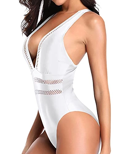 Push Up Plunge V Neck Criss-Cross Back One Piece Swimsuits-White