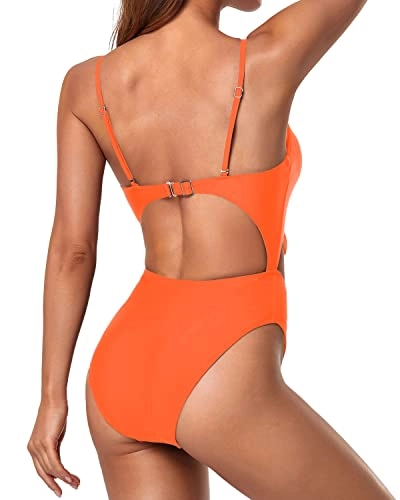Push Up Removable Padded Bras Bowknot V Neck 1 Piece Swimsuits-Neon Orange