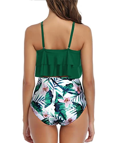 Sexy And Playful Double Tiered Ruffle Bikini-Green Tropical Floral