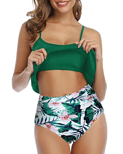 Sexy And Playful Double Tiered Ruffle Bikini-Green Tropical Floral