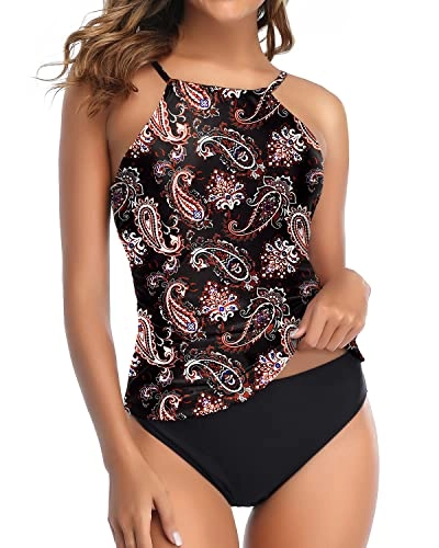 Sexy High Neck Ruched Tankini Swimsuit For Women-Black Tribal