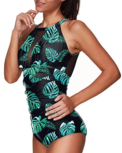 Sexy Mesh Ruched Women's One Piece Bathing Suit-Black And Green Leaf