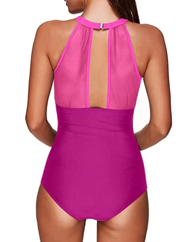 Sexy One Piece High Neck Ruched Monokini Swimwear For Women-Phosphor And Dark Pink