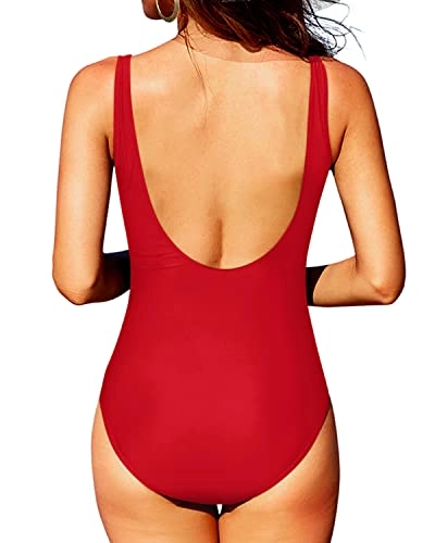Sexy See Through Mesh Round Neck U Back Ruched Tummy Control Swimwear-Red