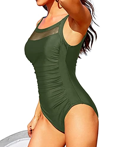 Sexy See Through Mesh U Back One Piece Swimsuits-Army Green