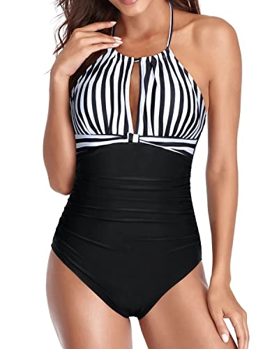 Tummy Control Halter Neck Ruched Slimming Swimsuits-Black And White Stripe
