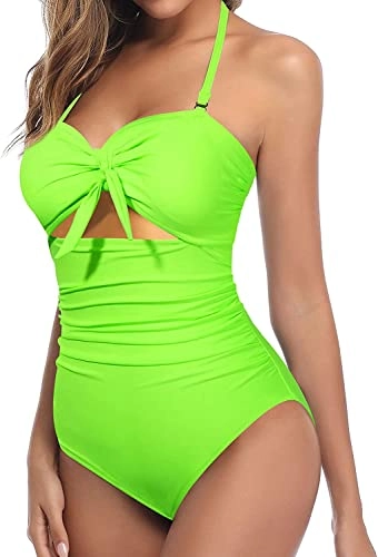 Tummy Control Retro High Waist Swimsuits-Neon Green