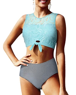 Two Piece Chic Tie Knot Front High Neck Women's Lace Bikini Set-Aqua Stripe