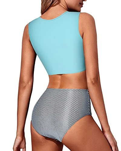 Two Piece Chic Tie Knot Front High Neck Women's Lace Bikini Set-Aqua Stripe