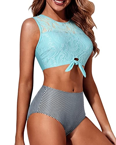 Two Piece Chic Tie Knot Front High Neck Women's Lace Bikini Set-Aqua Stripe