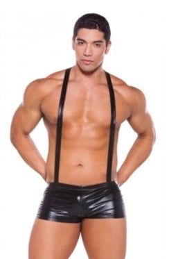 WET LOOK SUSPENDER SHORTS-ONE SIZE-BLACK