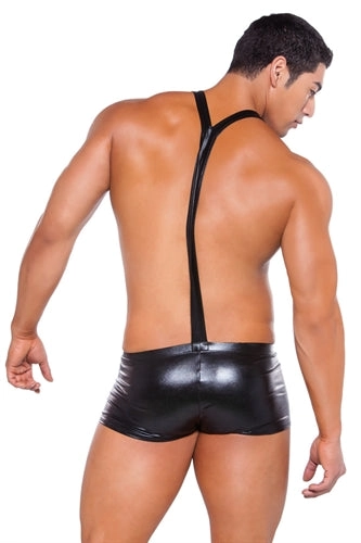 Wet Look Suspender Shorts - One Size - Black