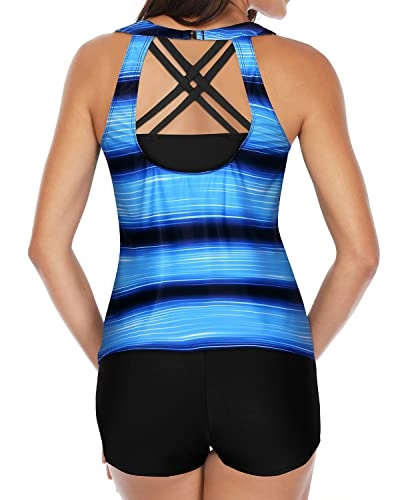 Women's High Neck Bathing Suit High Neck Swimwear Shorts-Blue And Black Stripe